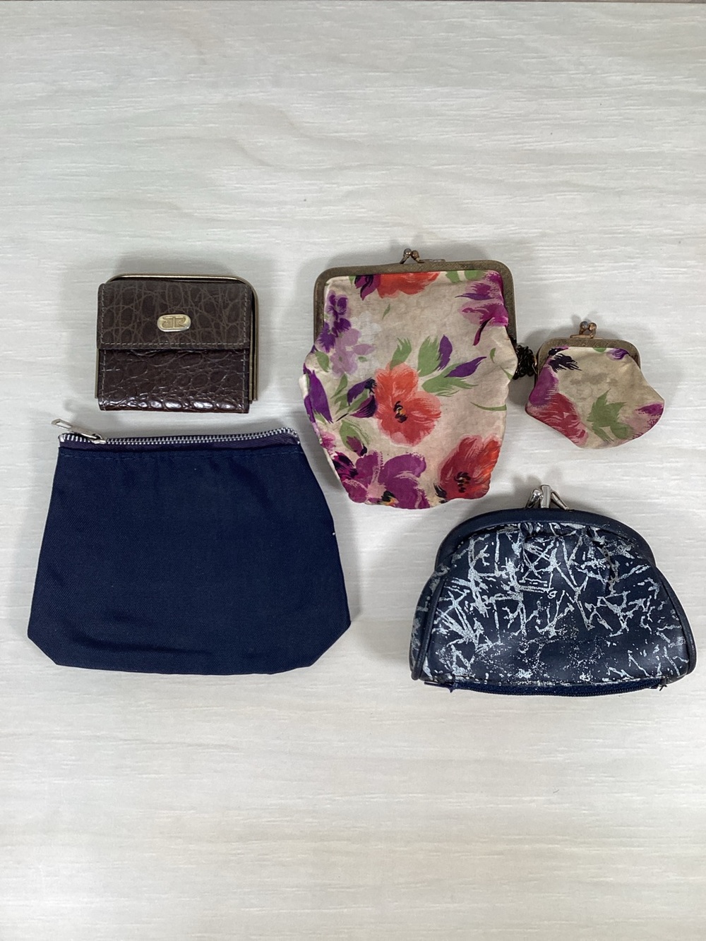 Lot 5 Vintage Coin Purse Kiss Lock Clasp, Zipper, Snap, Metal Frame Change Pouch
